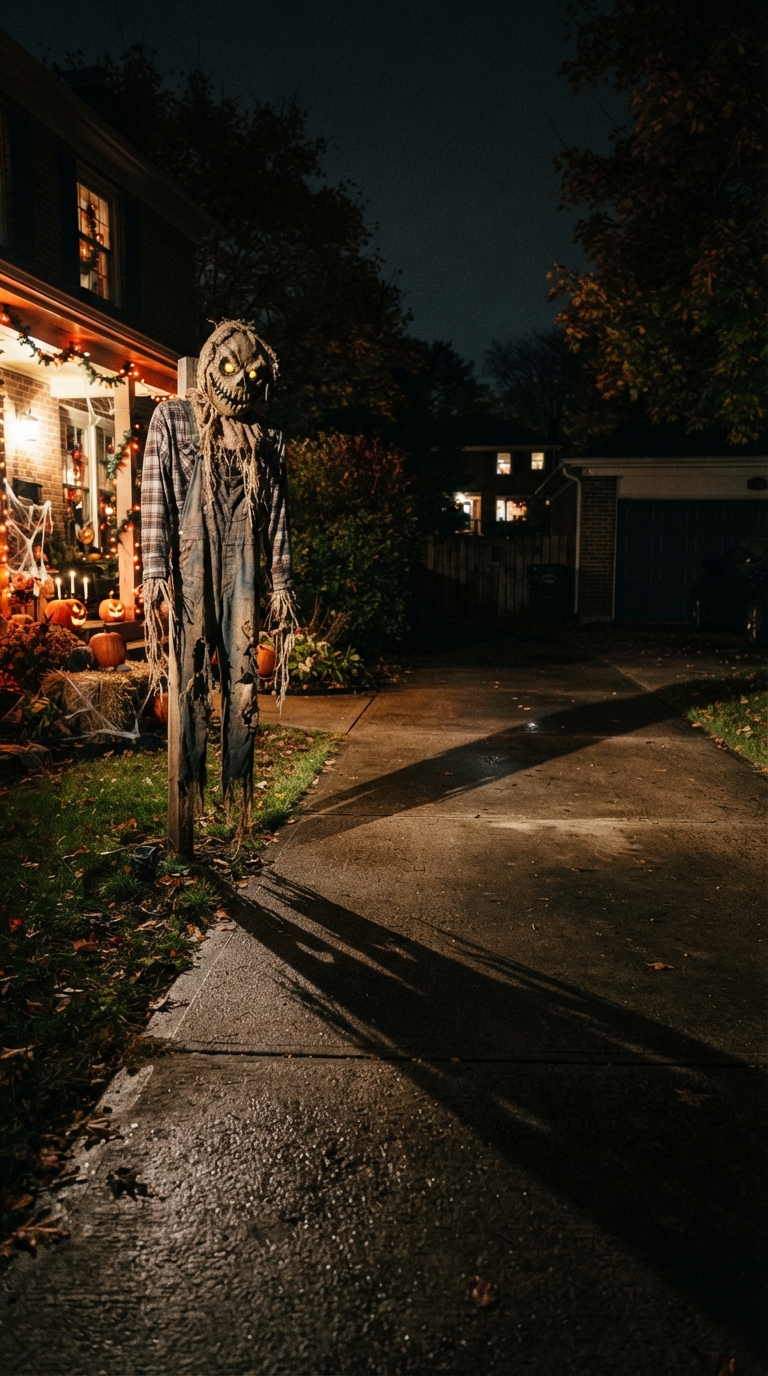Shadow-casting spotlight behind a Halloween prop on a driveway.