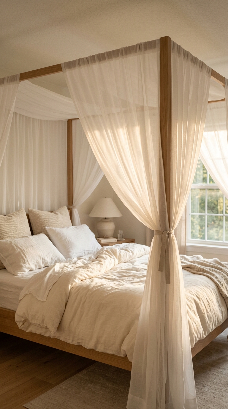 Sheer white canopy drape filtering morning light over a bed