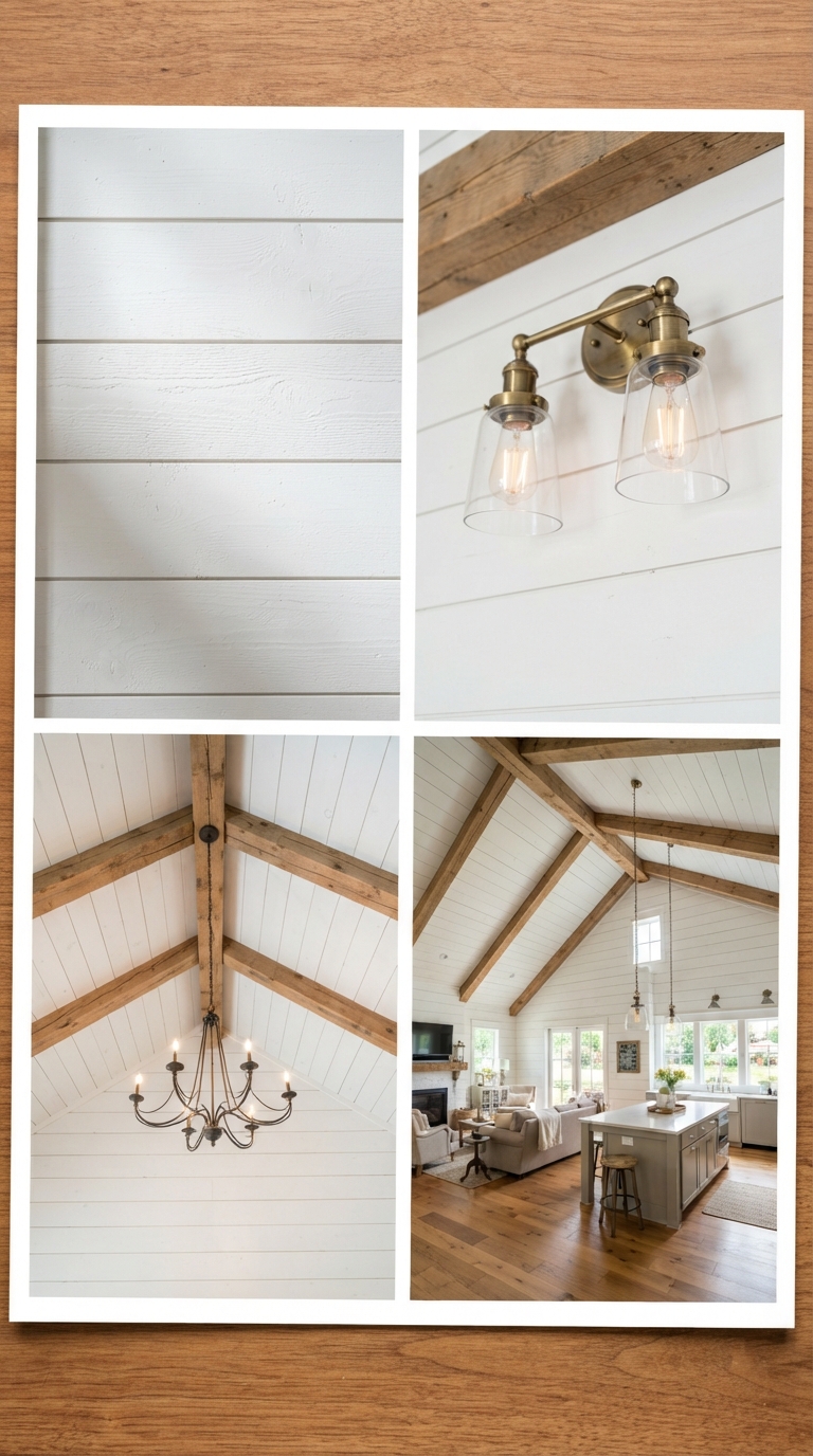 Collage of white shiplap and wood beams on a vaulted farmhouse ceiling
