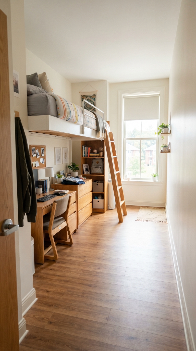 Small dorm room with furniture arranged along one wall for an open feel