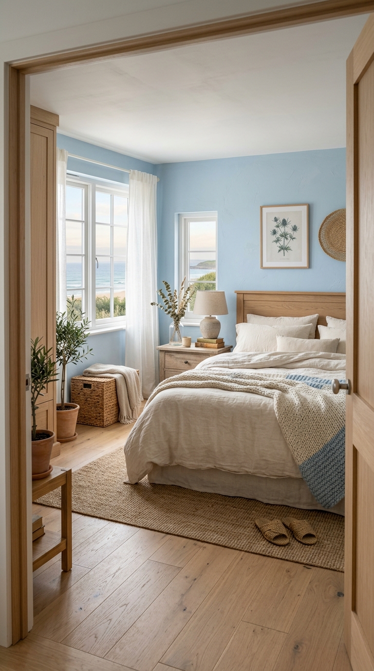 Soft sky-blue bedroom with cream bedding and light wood