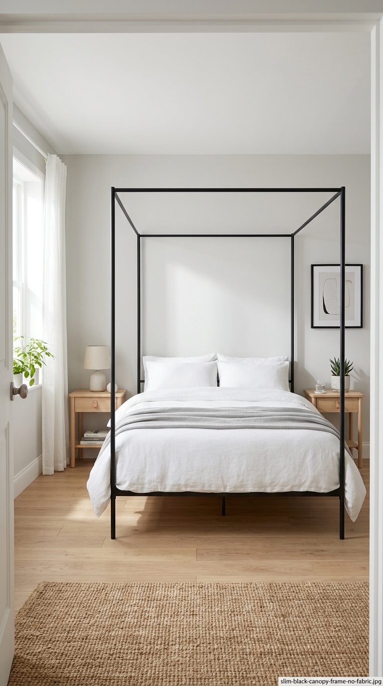 Slim black canopy bed frame with no fabric in a minimalist bedroom
