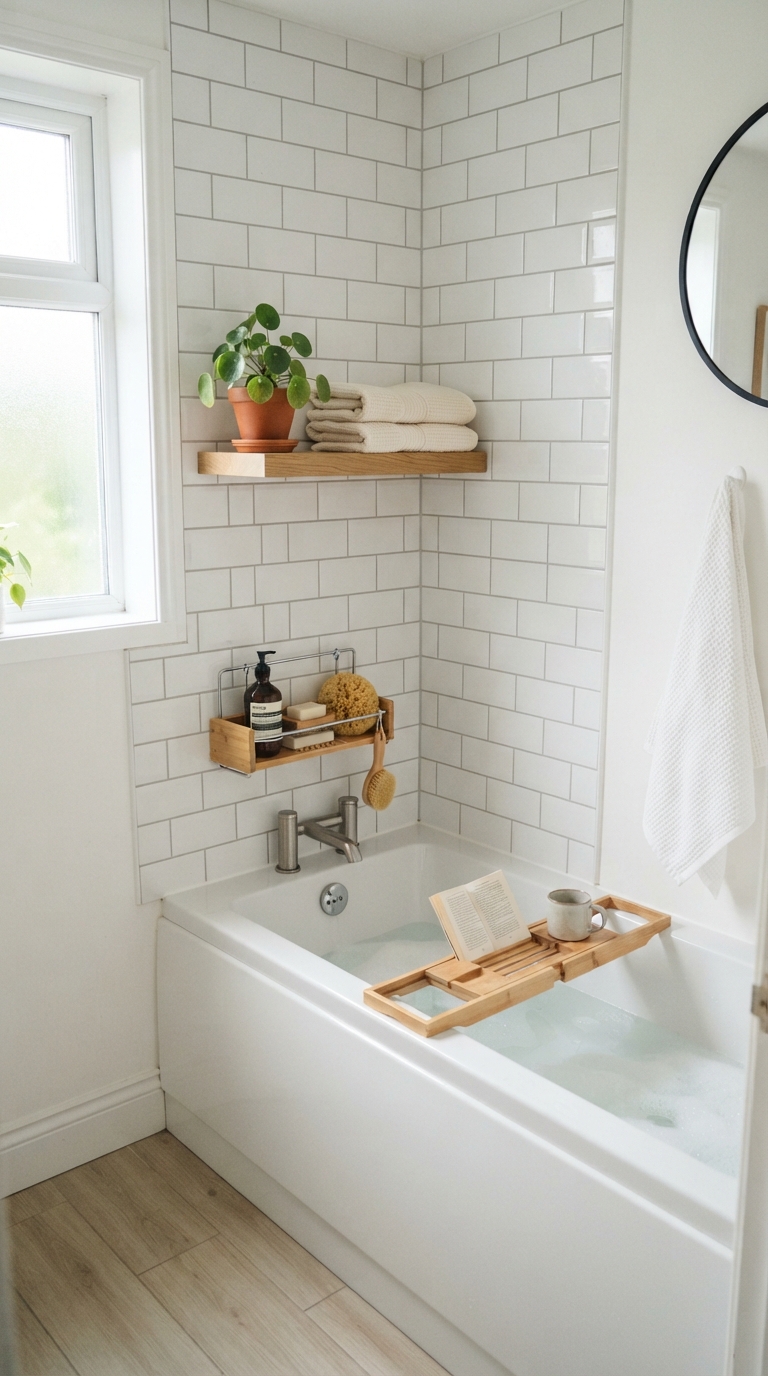 Small bathroom bathtub nook decor with corner shelf