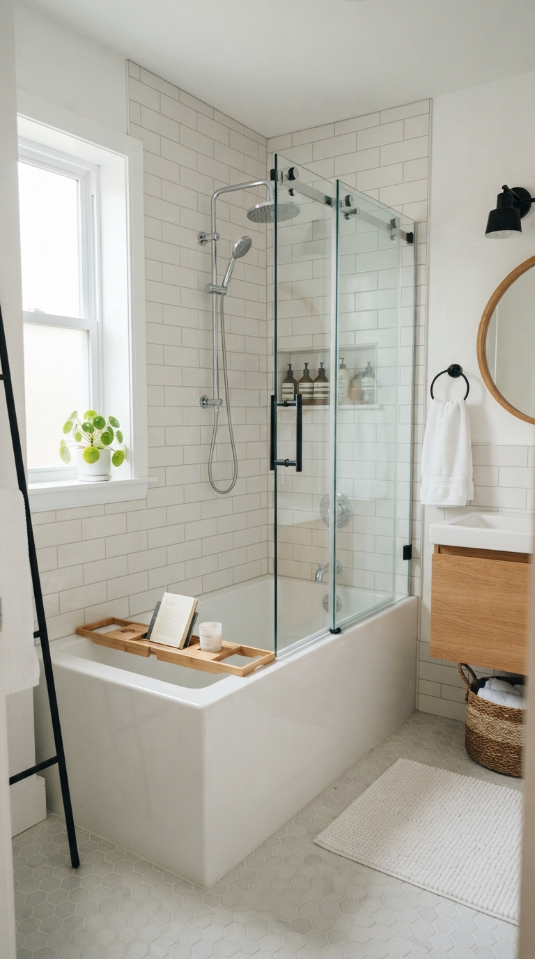 Compact corner soaking tub shower combo in a small bathroom