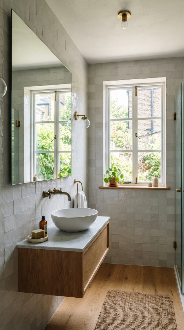 Wide mirror positioned to expand the feel of a small bathroom