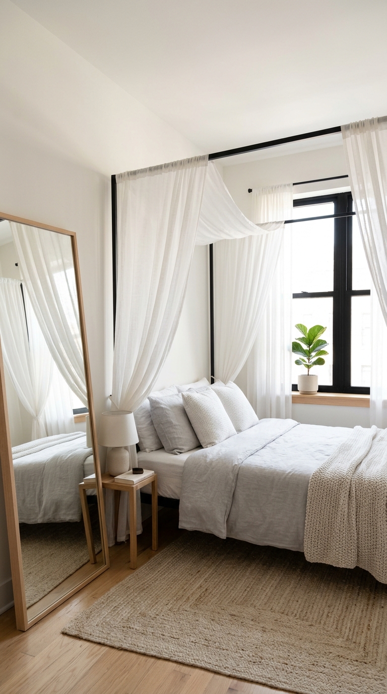 Small bedroom canopy bed idea using a slim frame and sheer fabric