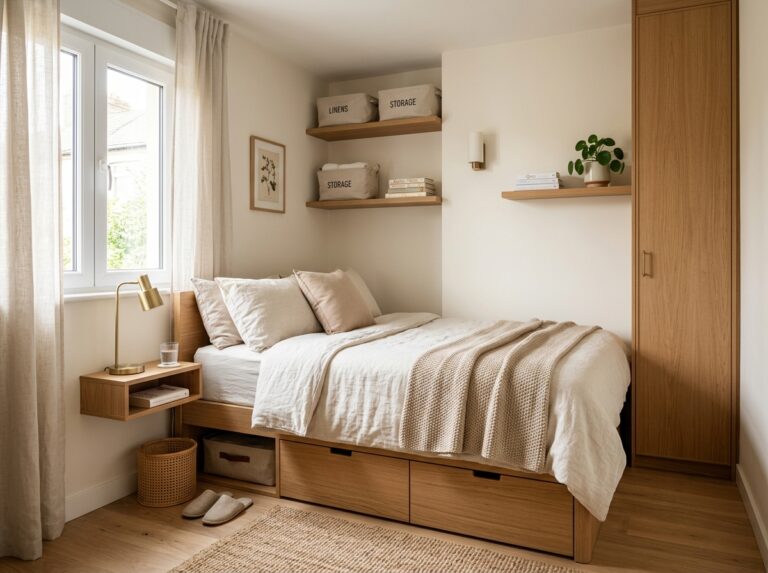 Small bedroom with smart storage solutions