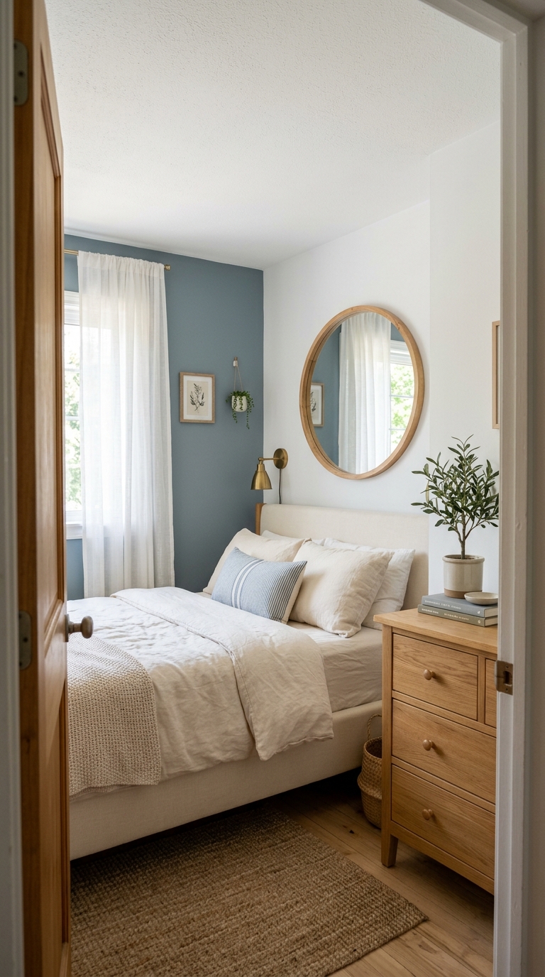 Small coastal blue bedroom with light ceiling and mirror