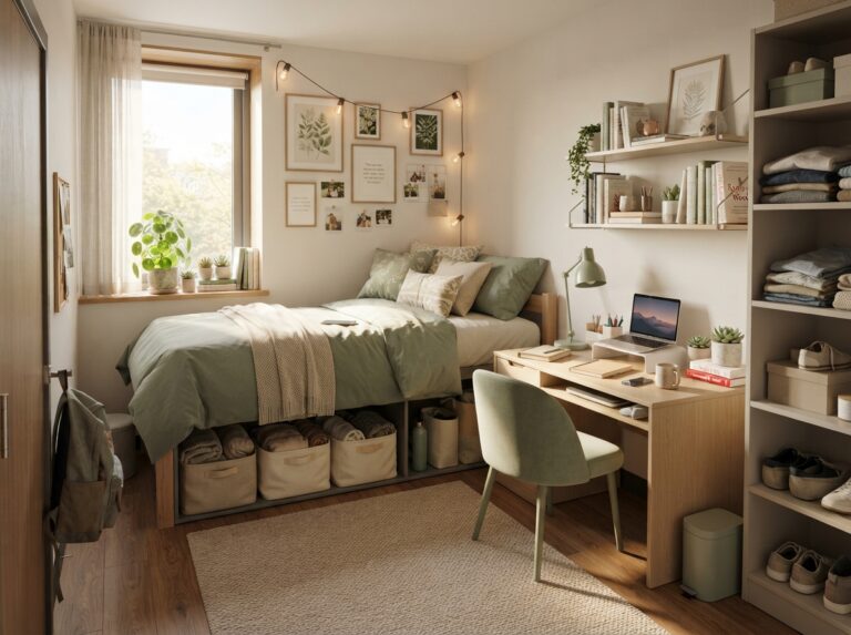 Cozy small dorm room with smart storage and comfortable layout