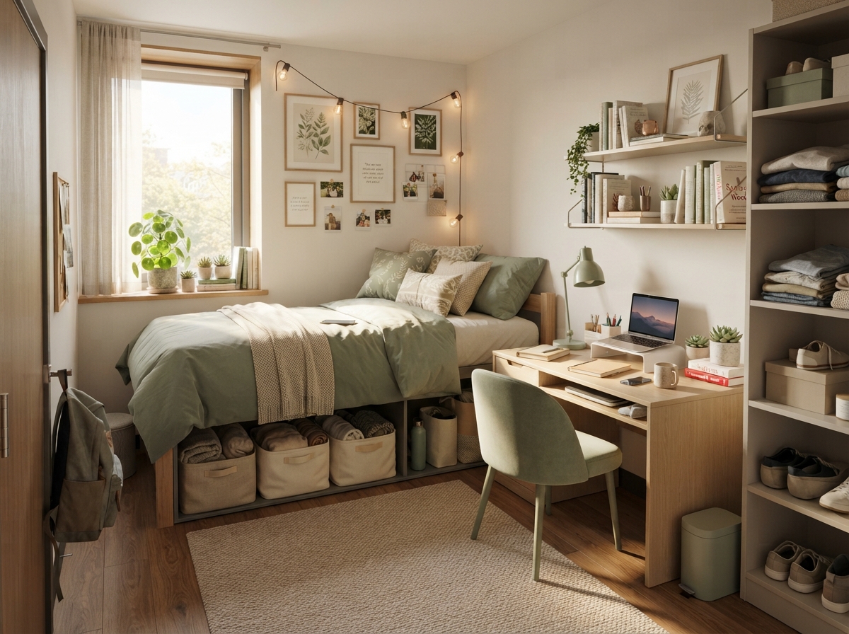 Cozy small dorm room with smart storage and comfortable layout