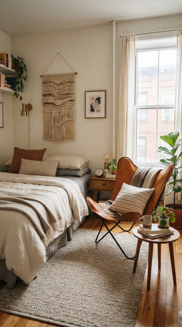 Western-inspired styling in a small apartment bedroom