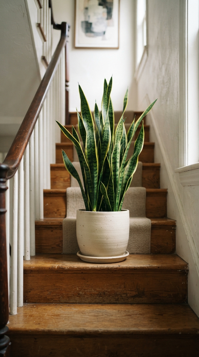 Snake plant styled on a narrow staircase step for architectural interest