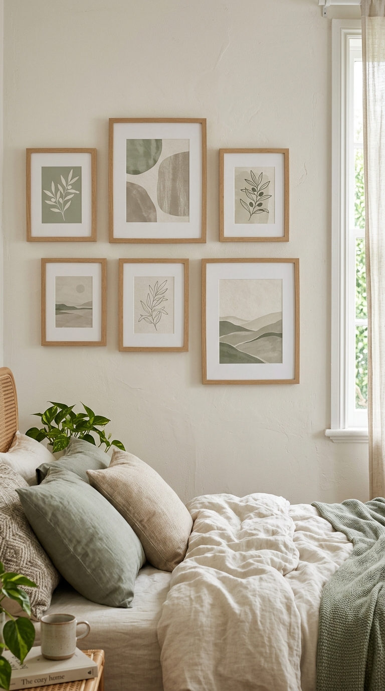 Soft sage and beige color story gallery wall in a cozy bedroom