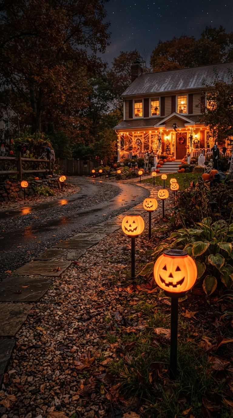 Solar-powered pathway lights lining a Halloween driveway.