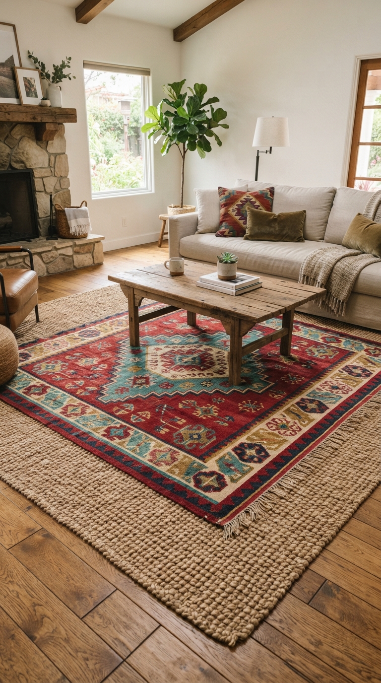 Southwestern rug layered over a neutral base rug in a living room