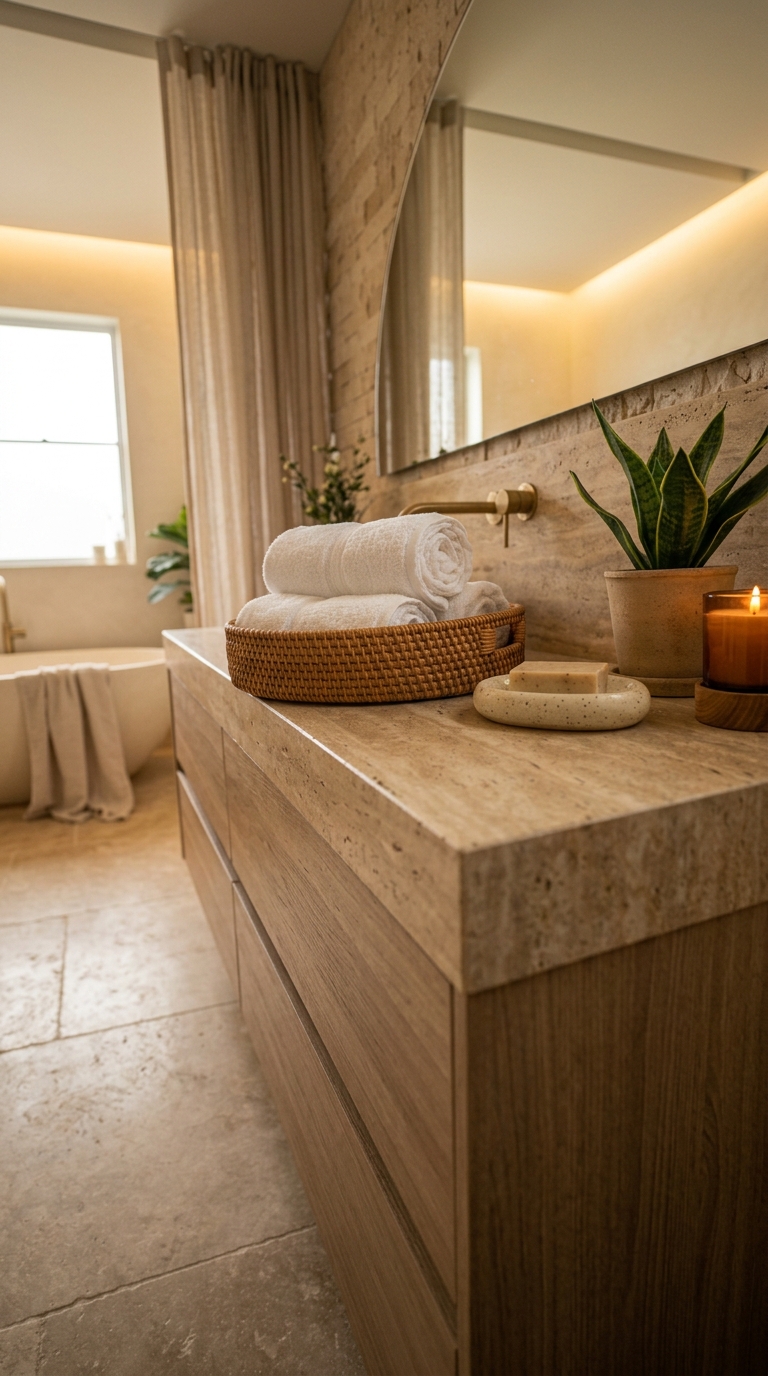 Spa-inspired bathroom counter with rolled towels