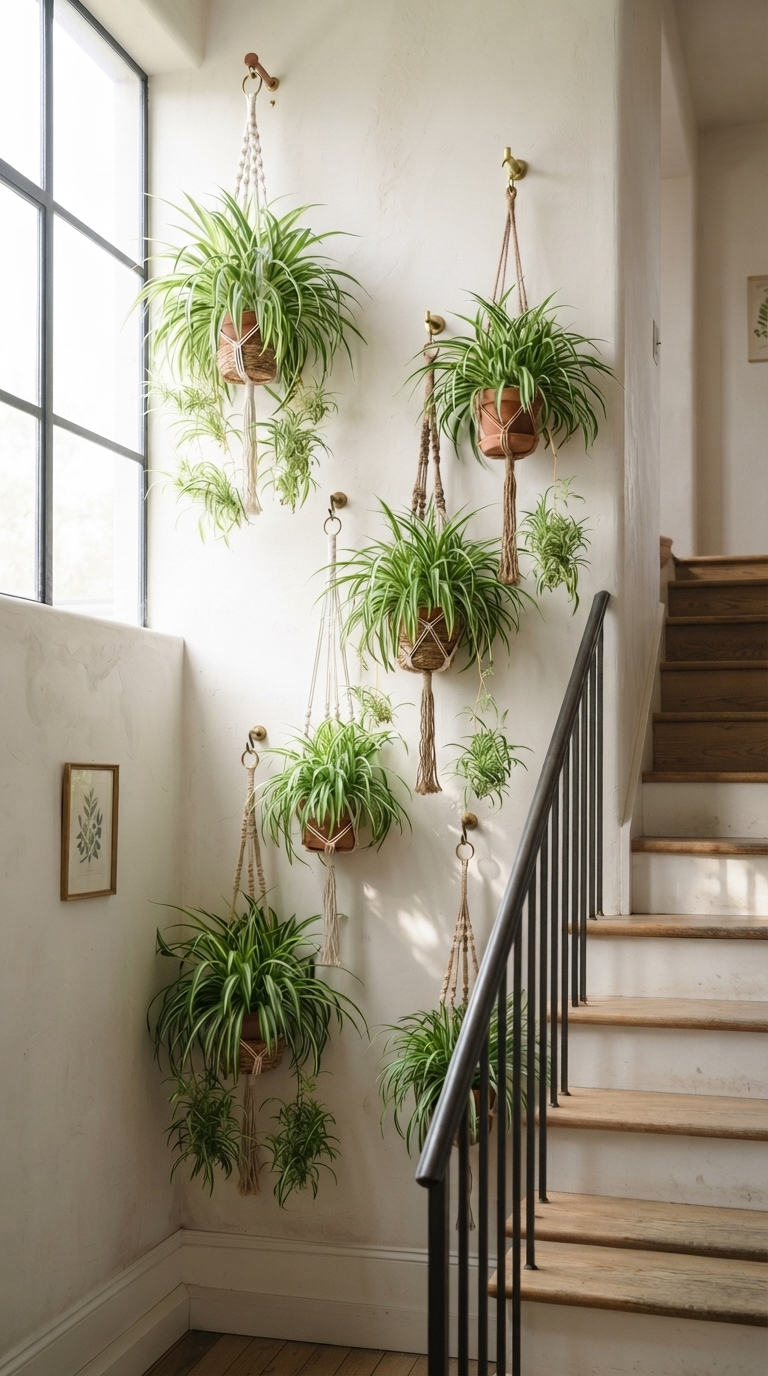 Spider plants in hanging baskets styled at staggered heights on a staircase.