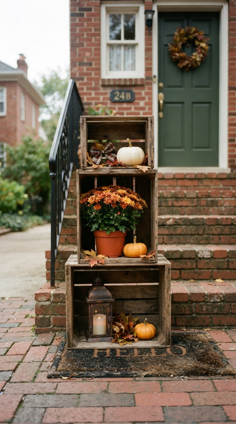 Stacked wooden crates styled with pumpkins and lanterns for small fall porch decor