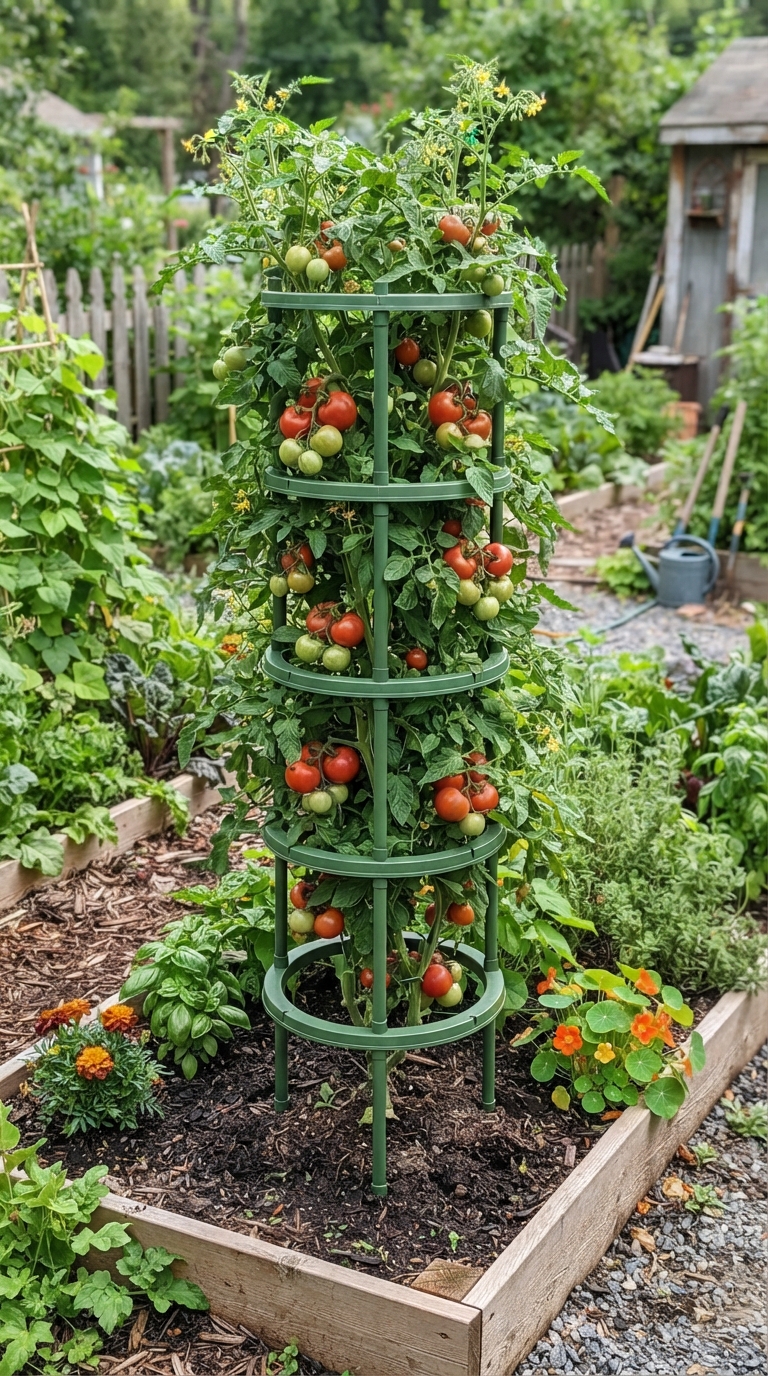 Stacking-ring tower trellis supporting a tall tomato plant