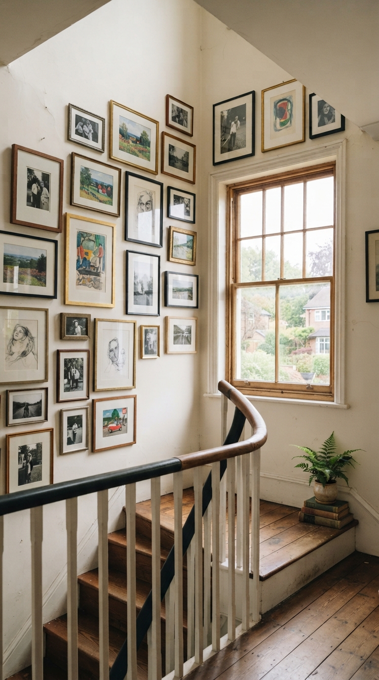 Staircase corner gallery wall with mixed frame sizes