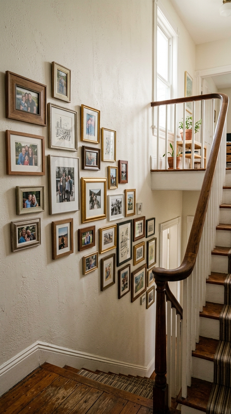 Staircase gallery wall with mixed frame sizes following the stairs