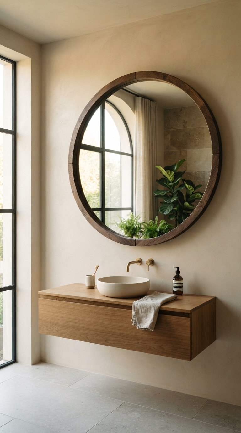 Oversized statement mirror as the focal point of a neutral bathroom