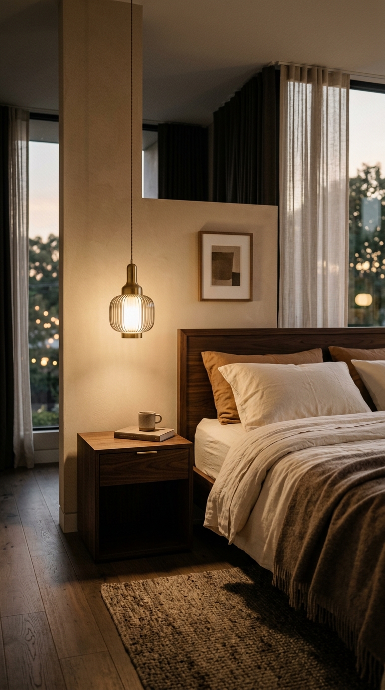 Statement pendant light hanging above a bedroom nightstand