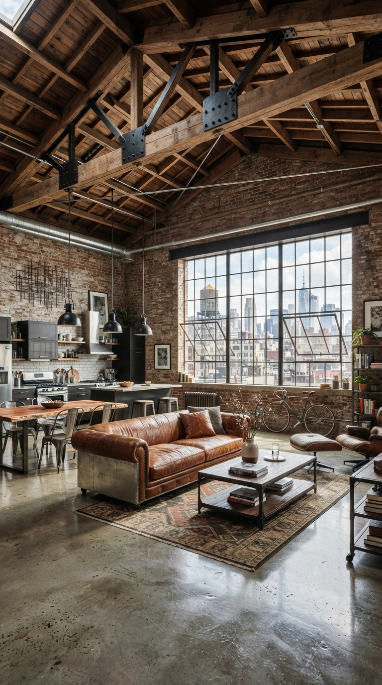 Collage of steel and wood beams on an industrial vaulted loft ceiling