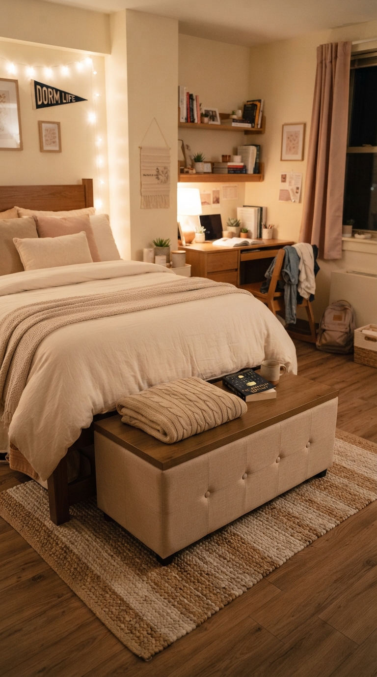 Storage ottoman used as extra seating and hidden storage in a dorm room