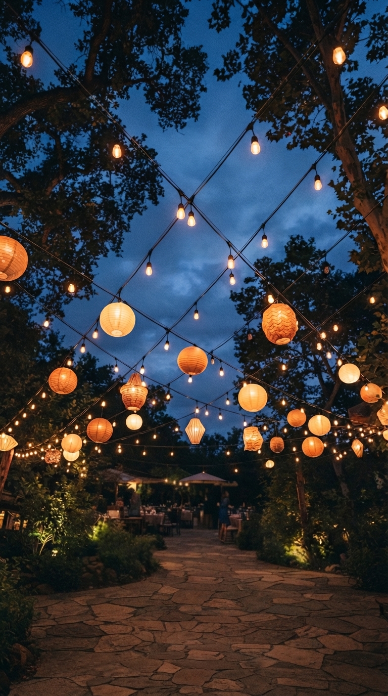 Warm string light canopy strung over a whimsical hippie garden at twilight