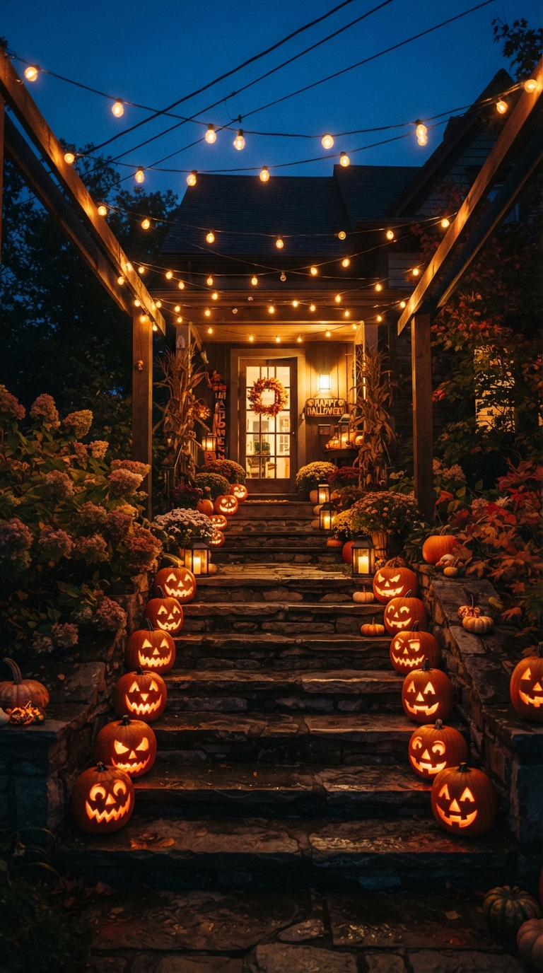 Warm string lights crisscrossed above porch steps with glowing pumpkins at twilight