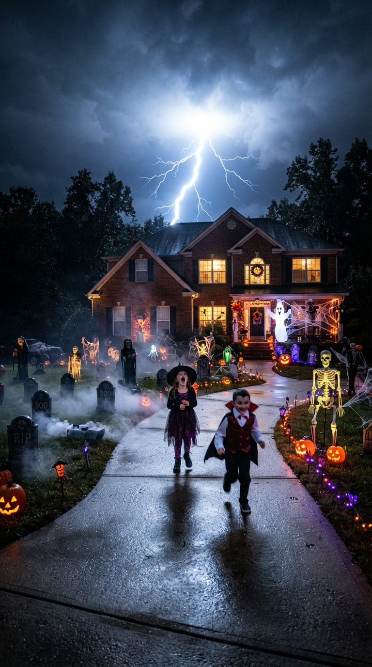 Strobe light effect creating a stormy atmosphere on a Halloween driveway.