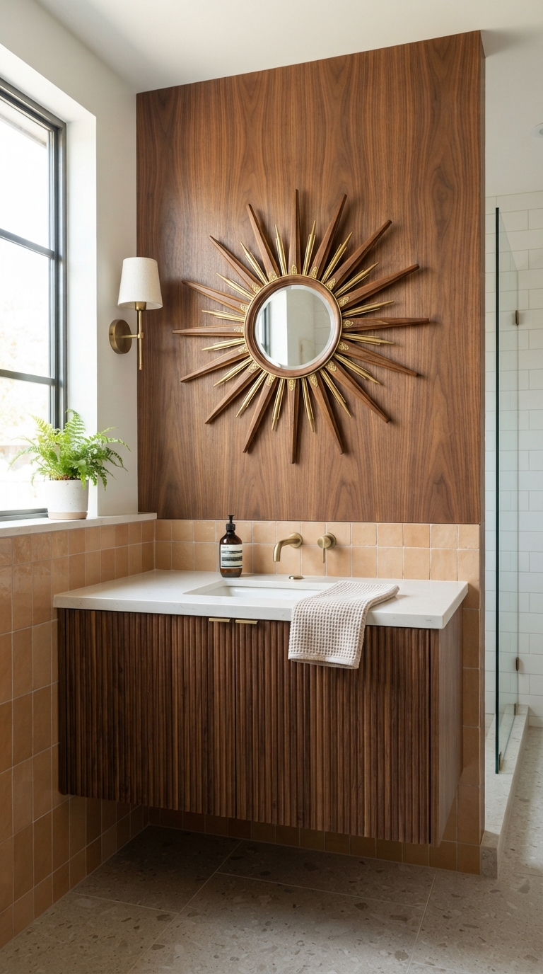 Mid-century sunburst mirror styled as a retro bathroom accent