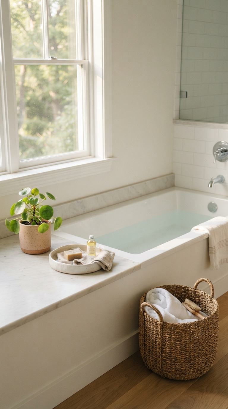 Sunlit minimal bathtub ledge decor with plant and woven basket