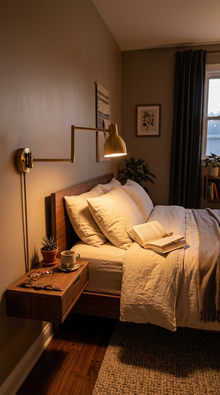 Swing-arm reading light saving space beside a small bedroom nightstand