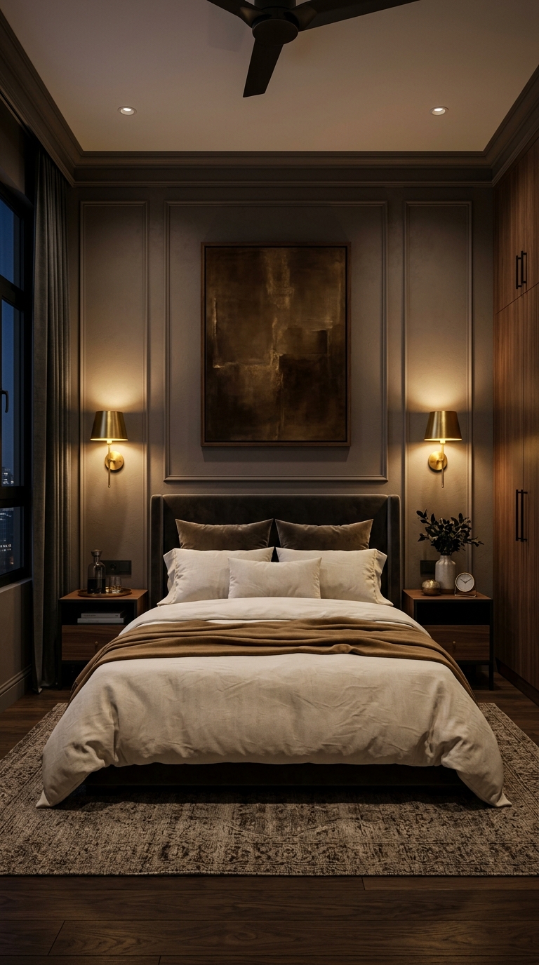 Symmetrical bedside wall sconces creating balanced warm bedroom lighting