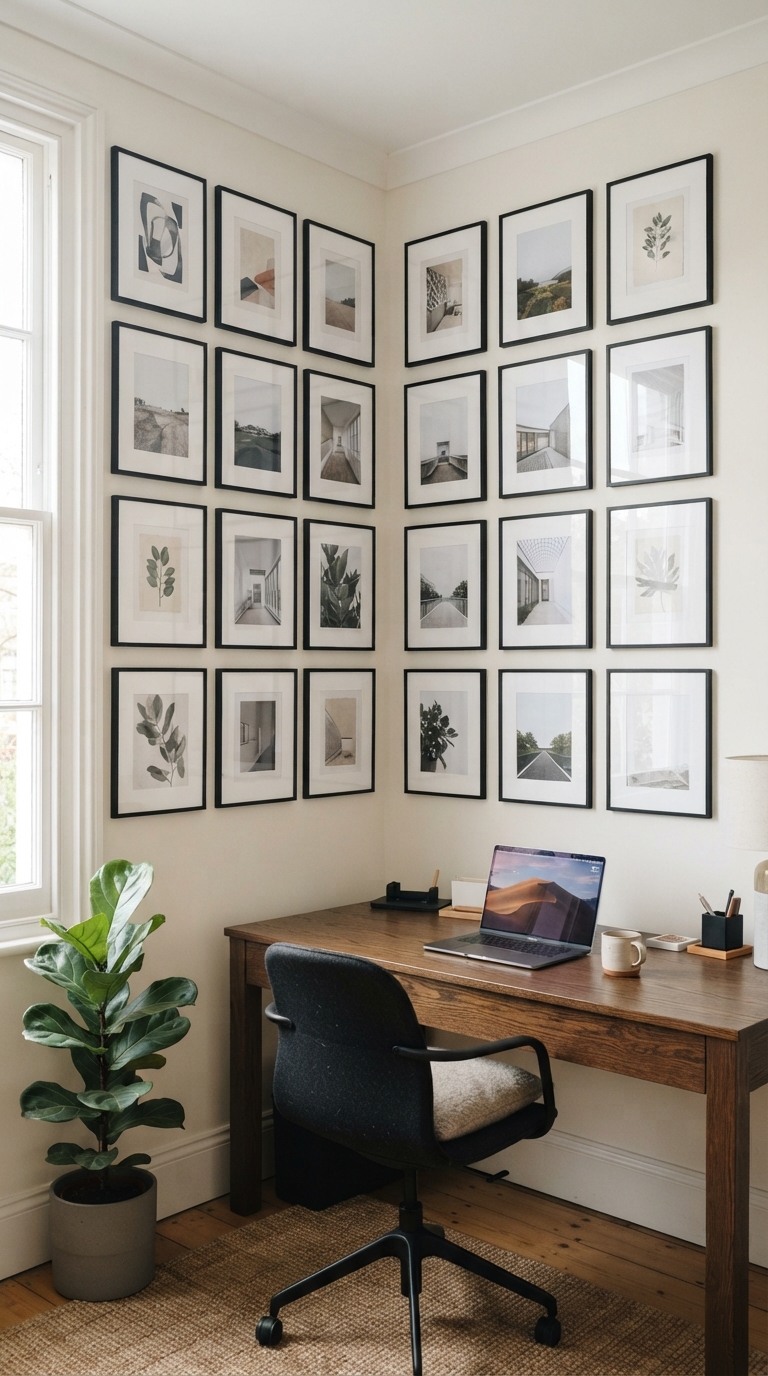 Symmetrical corner gallery wall grid with matching black frames