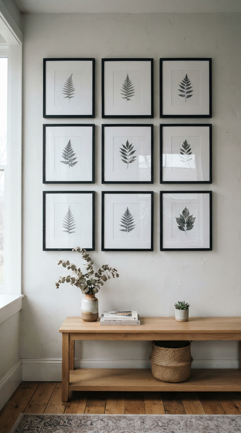 Symmetrical grid gallery wall with matching black frames in a bright living room
