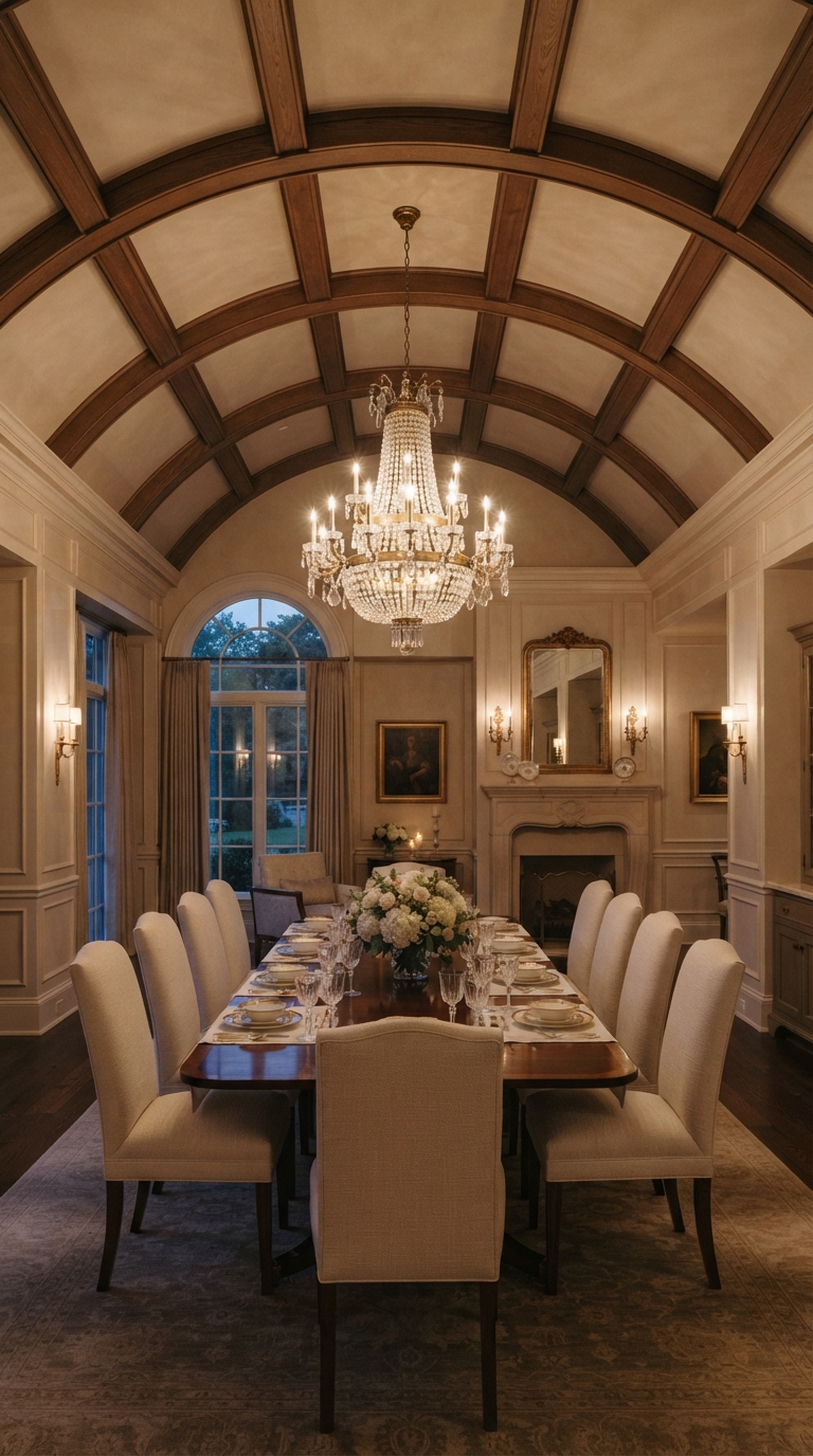 Collage of symmetrical grid wood beams on a formal vaulted dining ceilingCollage of symmetrical grid wood beams on a formal vaulted dining ceiling