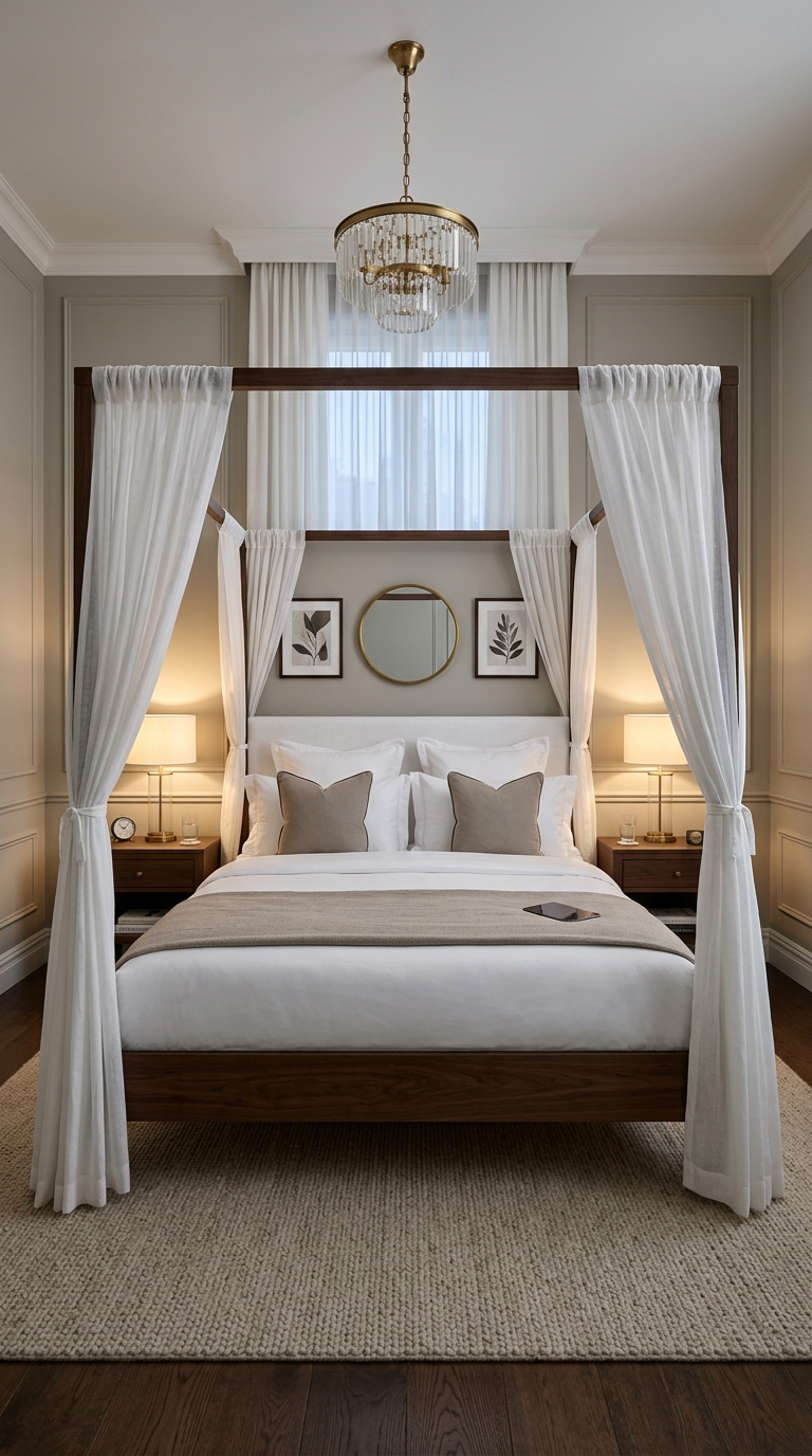 Symmetrical hotel-style canopy bed in a primary bedroom