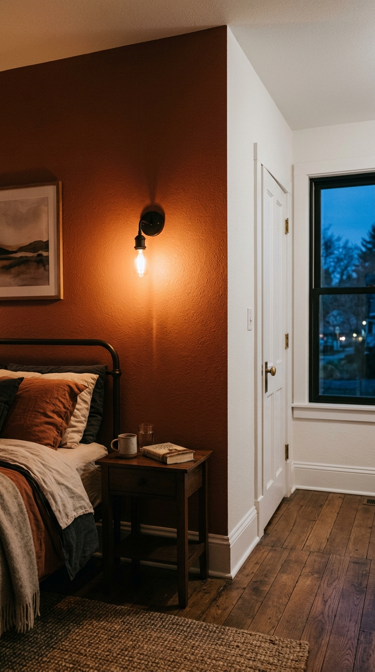 Terracotta accent wall in a cozy fall bedroom