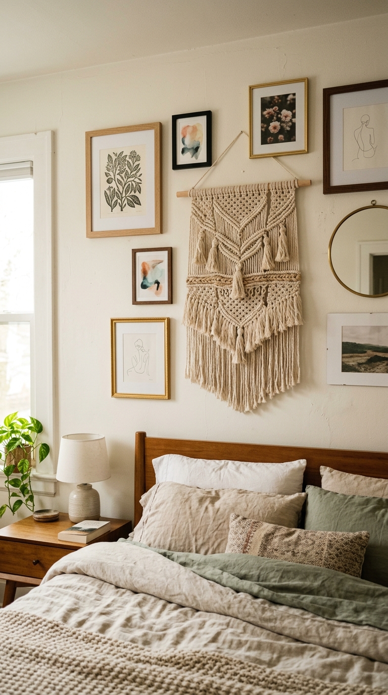 Gallery wall combining a macrame hanging with framed prints