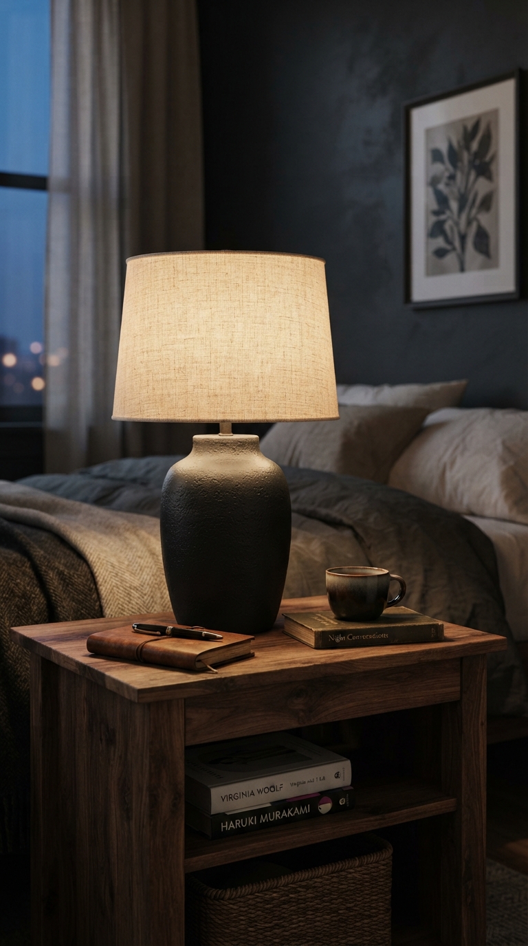 Textured matte black ceramic lamp styled in a moody fall bedroom