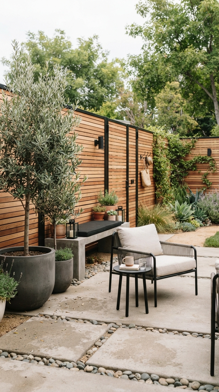 Thin slat modern horizontal wood fence design idea for a backyard