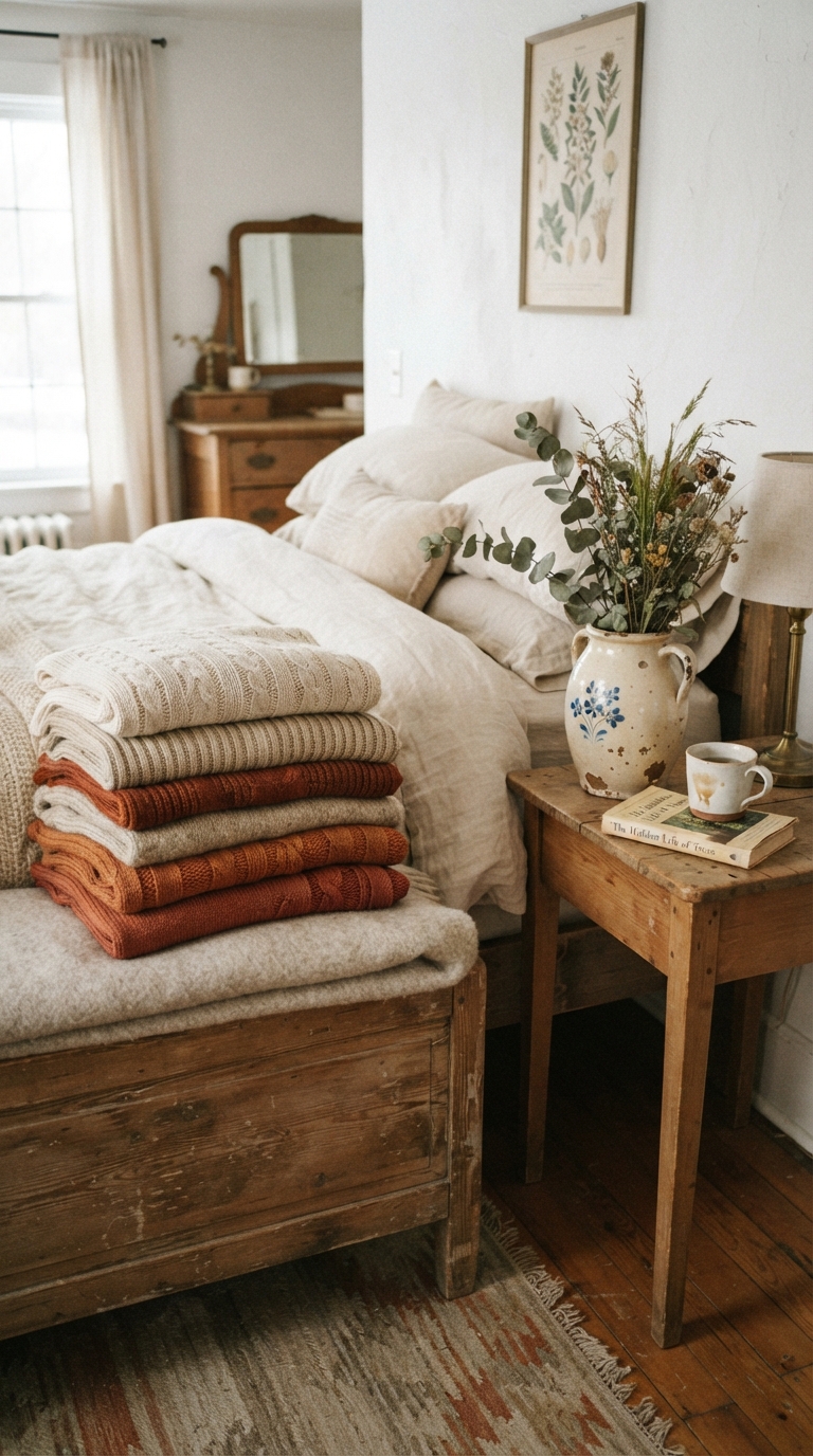 Budget-friendly thrifted textiles styled in a fall bedroom
