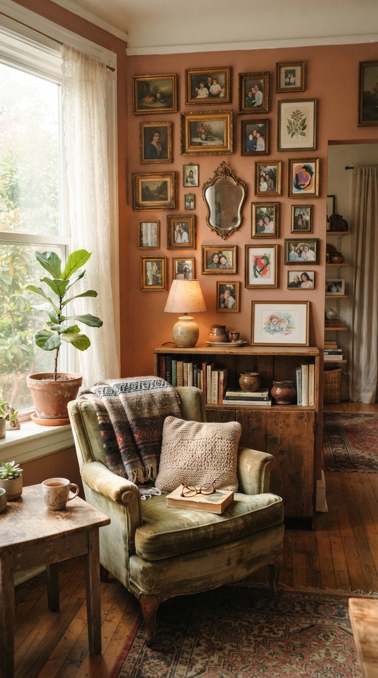 Thrifted vintage corner gallery wall with mismatched frames