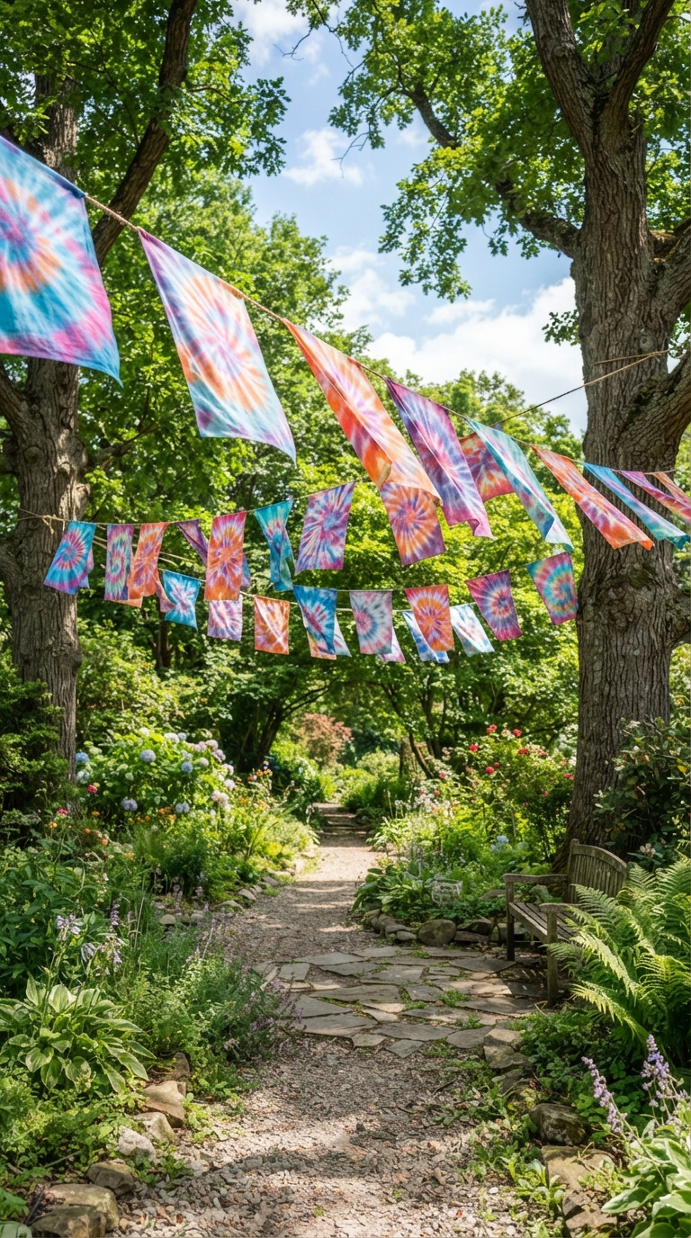 Colorful tie-dye flags strung between trees in a whimsical hippie garden party setup