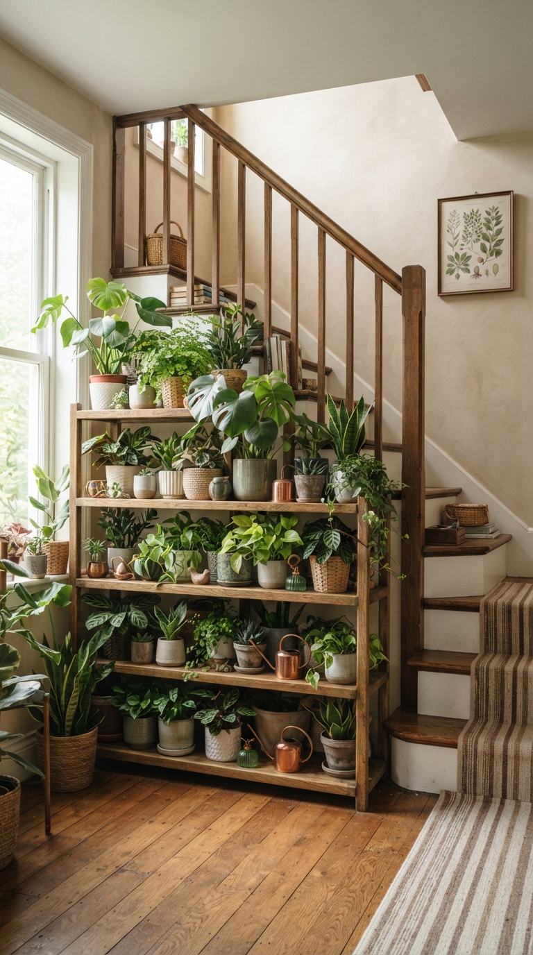 Tiered plant shelf styled with greenery under a staircase.