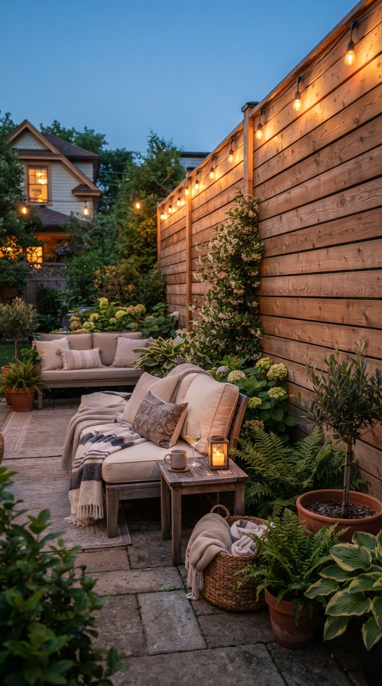 Tight-stacked horizontal wood privacy fence idea for a backyard retreat