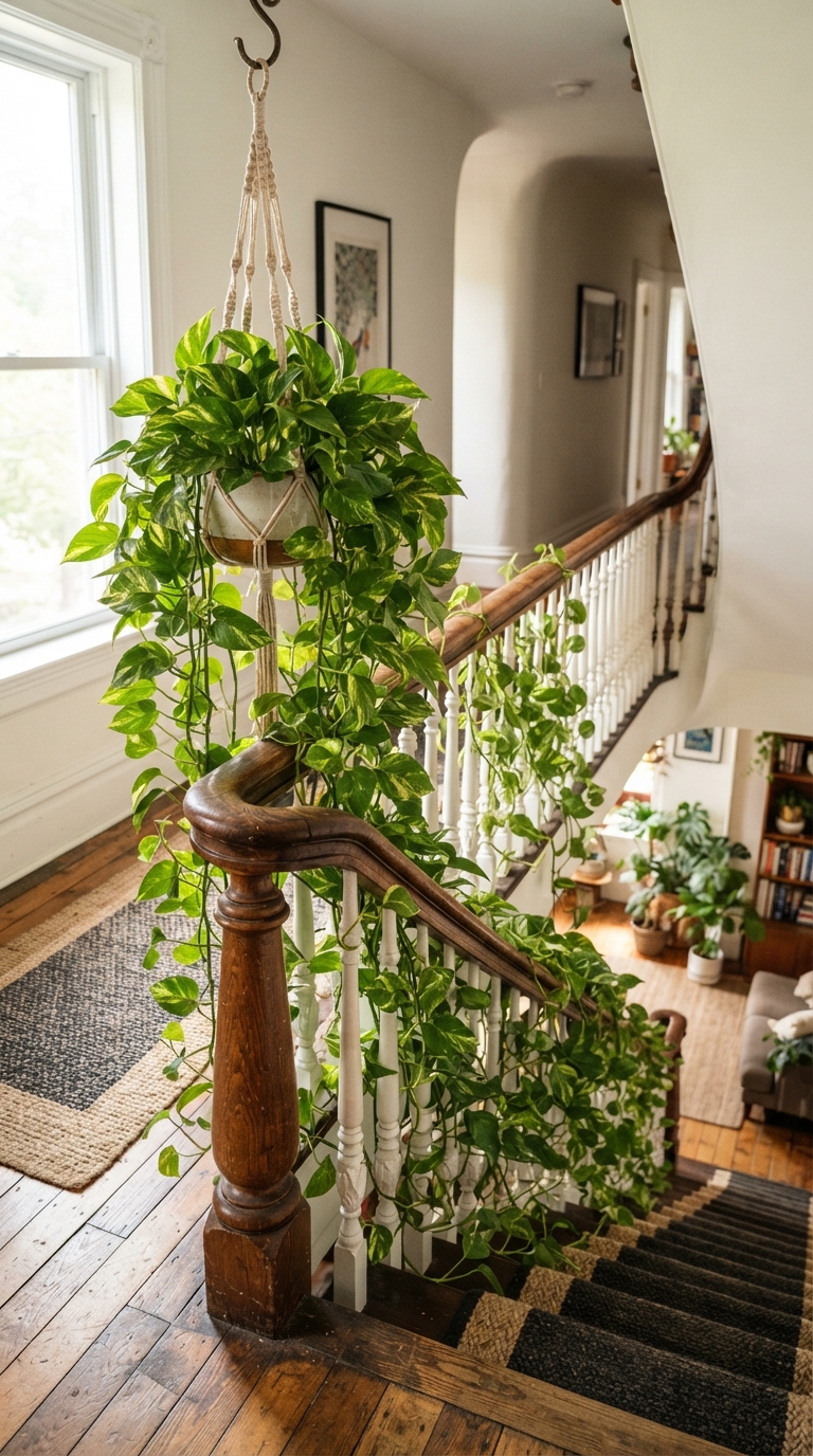 Trailing pothos plant cascading down a staircase railing.